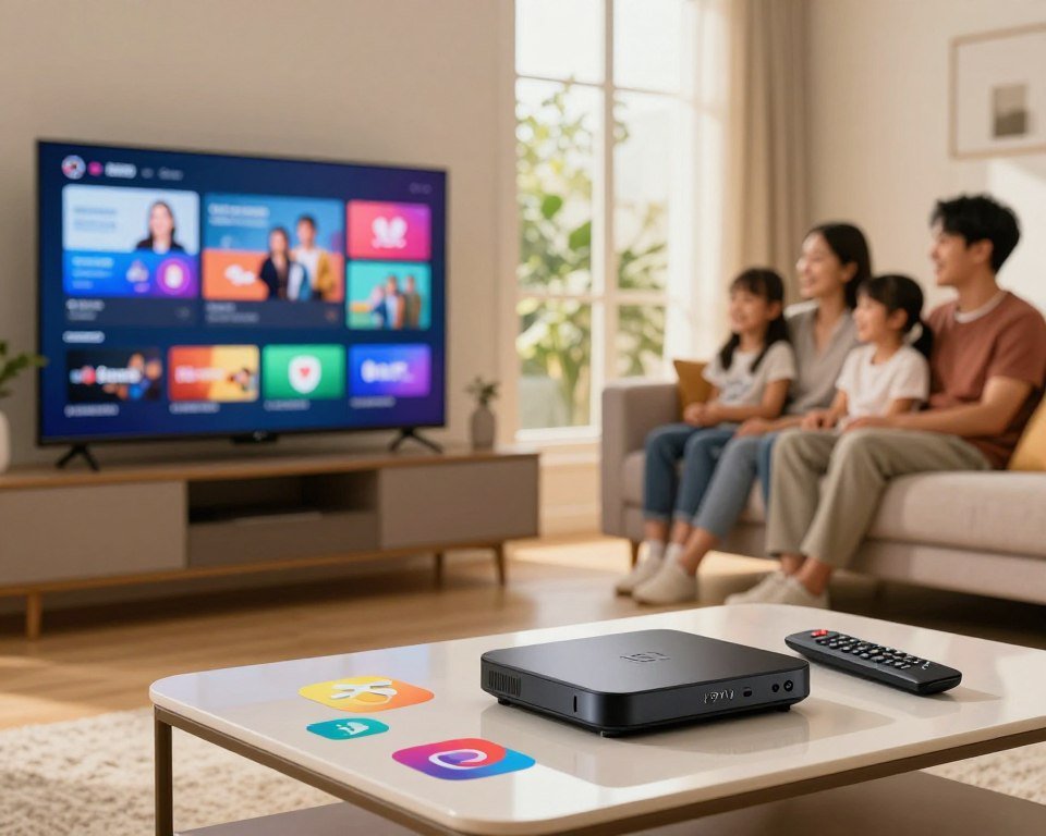 A sleek, modern living room filled with natural light, showcasing a large flat-screen TV streaming vibrant content. In the foreground, a stylish coffee table holds an IPTV device with a remote control, surrounded by a few popular streaming service icons depicted as colorful abstract shapes. In the middle ground, a comfortable sofa faces the TV, with a family happily watching together, dressed in casual yet tidy clothing, radiating a cozy and inviting atmosphere. The background features a soft-focus window with greenery outside, hinting at a peaceful day, complemented by warm, golden lighting that enhances the welcoming vibe. The overall mood conveys a sense of connectivity and modern entertainment, perfect for exploring IPTV services.