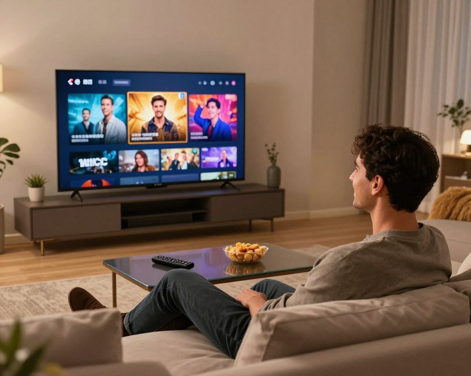 A sleek, modern living room is illuminated by soft, warm lighting, creating an inviting atmosphere. In the foreground, a confident individual sits comfortably on a stylish couch, engrossed in a seamless streaming experience on a large, high-definition television displaying vibrant content. The individual, dressed in smart casual attire, has a satisfied expression, perfectly embodying user enjoyment. In the middle-ground, a coffee table holds a remote control and snacks, suggesting relaxation. The background features tasteful decor, emphasizing a cozy yet tech-savvy environment. The overall composition balances clarity and detail, evoking a sense of quality streaming and an exceptional user experience, captured from a slightly elevated angle to enhance depth and focus.