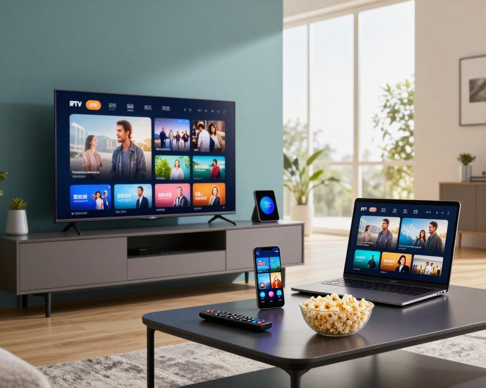 A sleek, modern living room scene featuring various devices compatible with IPTV services, including a smart TV, tablet, smartphone, and laptop, all displaying vibrant, high-definition streaming content. The foreground includes a stylish coffee table with a remote control and a bowl of popcorn, evoking a cozy viewing experience. In the middle, the devices are prominently displayed on a contemporary entertainment unit, each showcasing the versatility of IPTV service. The background should have a large window allowing natural light to flood the room, creating a warm and inviting atmosphere. Soft shadows add depth, and the overall color palette consists of calming blues and greens to promote relaxation. The image should have a professional, polished look, captured with a wide-angle lens to include all elements harmoniously.