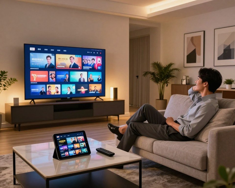 A sleek, modern living room setting showcasing a large flat-screen TV displaying vibrant IPTV content. In the foreground, a stylish coffee table with a remote control and a tablet featuring IPTV channel listings. In the middle, a cozy sofa with a person in professional business attire, leaning back and engaged in watching the screen, exuding a sense of enjoyment and satisfaction. The background has soft, ambient lighting giving a warm and inviting atmosphere, with decorative elements like art on the walls and plants. The room is well-furnished, suggesting comfort and modernity. Utilize a warm color palette with soft shadows to enhance the mood of relaxation and quality entertainment. Use a wide-angle lens effect to capture the entire scene, ensuring a clear and professional aesthetic.