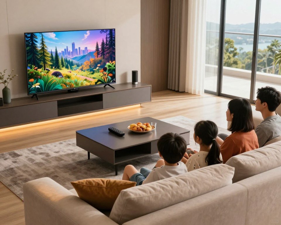 A sleek, modern living room setting with a high-definition television displaying vivid images of nature and city scenes. In the foreground, a comfortable couch adorned with plush cushions, illuminated by soft, warm lighting. A family can be seen enjoying their time together, dressed in casual, stylish clothing, their expressions reflecting joy and relaxation. In the middle ground, a stylish coffee table with remote controls and snacks, enhancing the cozy atmosphere. The background features large windows allowing natural light to stream in, revealing a scenic view outside. The overall mood is inviting and tranquil, representing seamless entertainment and uninterrupted viewing pleasure, captured in high-resolution clarity. The angle is slightly from above, providing a comprehensive view of the scene.