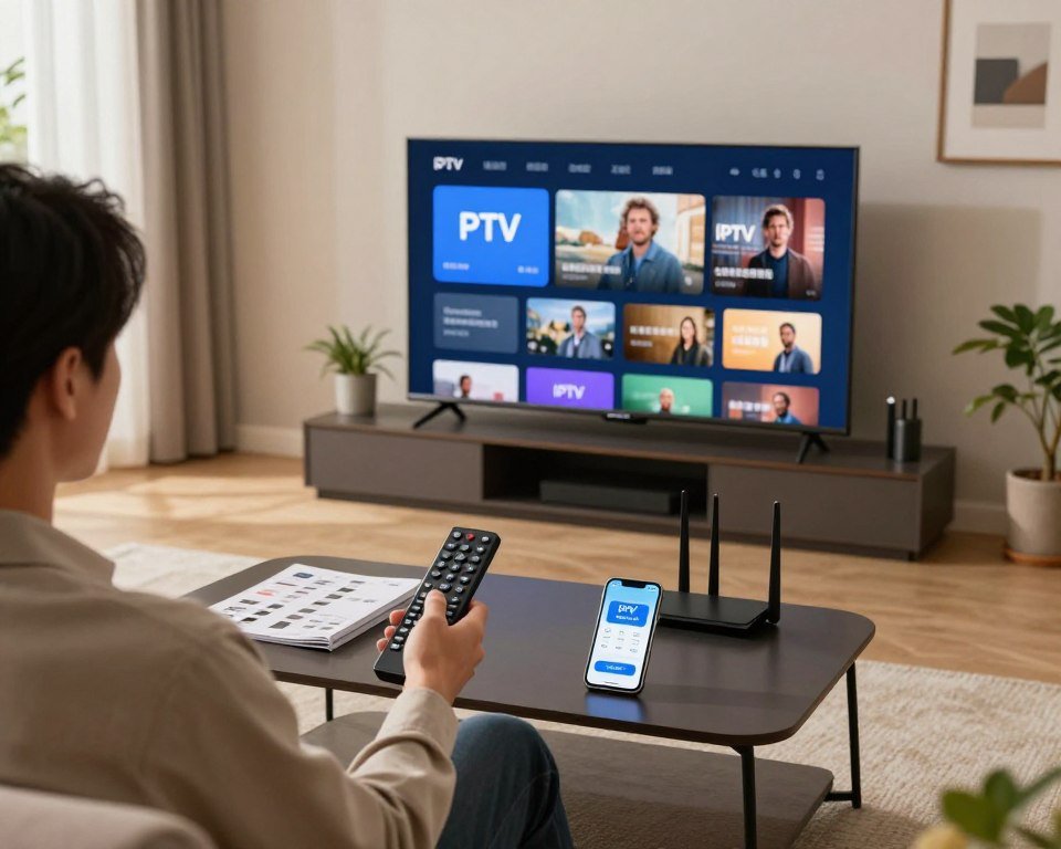 A sleek, modern living room setting, with a large flat-screen TV displaying an IPTV interface. In the foreground, a professional-looking individual in business casual attire is holding a remote control, intently navigating the setup process. The middle layer features a stylish coffee table with installation guides, a smartphone showing the IPTV activation app, and a wireless router, symbolizing connectivity. In the background, large windows allow natural light to pour in, enhancing the serene atmosphere. Soft, warm lighting highlights the cozy environment, and the room is tastefully decorated with plants and minimalist art. The overall mood is inviting and professional, emphasizing a seamless and user-friendly installation experience.