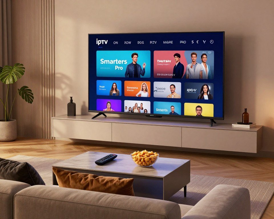 A sleek, modern living room setting with a large, high-definition flat-screen TV displaying the IPTV Smarters Pro interface, showcasing various streaming options. In the foreground, a cozy sofa with stylish cushions invites viewers to relax and enjoy entertainment. In the middle ground, a coffee table holds a remote control and a bowl of snacks, suggesting a movie night atmosphere. The background features elegant decor, with soft ambient lighting creating a warm and inviting mood. A subtle play of light casts reflections on the TV screen, enhancing the vibrant colors of the interface. The overall ambiance conveys comfort and modernity, ideal for a contemporary streaming experience.