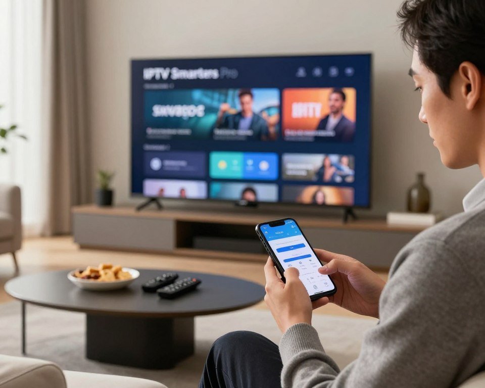 A sleek, modern living room setup featuring a large flat-screen TV displaying the IPTV Smarters Pro interface. In the foreground, a well-dressed adult using a smartphone, with a focused expression and actively engaging with the app to activate their subscription. The middle ground reveals a contemporary coffee table with remote controls and snacks, adding to the casual yet tech-savvy vibe. Soft, natural lighting filters through a window, creating a warm atmosphere. In the background, minimalist decor enhances the modern feel of the space. The overall mood is one of comfort, convenience, and modern technology, emphasizing the ease of activating a streaming service.