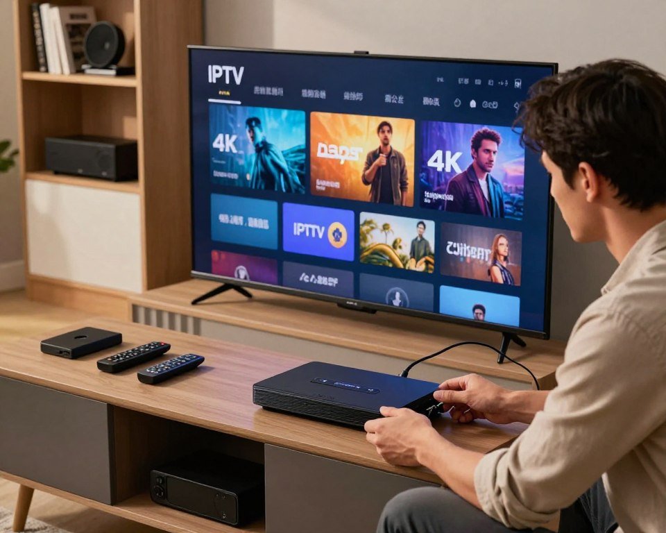 A sleek, modern living room setup showcasing the IPTV installation process. In the foreground, a professional technician in smart casual attire is configuring an IPTV receiver. The middle ground features a large flat-screen TV displaying a vibrant 4K interface and remote controls scattered around. The background includes a stylish bookshelf with tech gadgets and streaming devices, creating a contemporary tech atmosphere. Soft, warm lighting highlights the scene, with a slight focus on the technician's hands as they connect cables. Capture the mood of efficiency and innovation, emphasizing clarity and detail in both the installation equipment and the TV's interface. The angle should be slightly above eye level, providing a comprehensive view of the installation process without any text or labels.