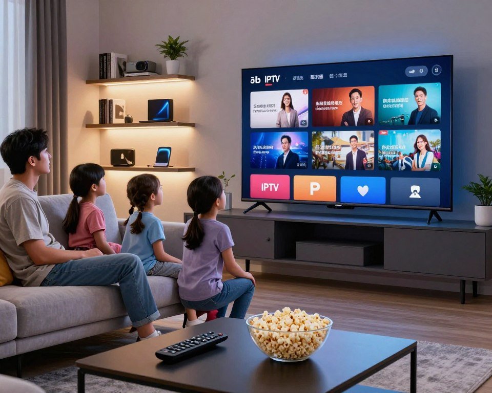 A sleek, modern living room showcasing a large flat-screen television displaying vibrant IPTV channels. In the foreground, a stylish coffee table holds a remote control and a bowl of popcorn, inviting viewers to enjoy high-quality content. The middle layer features a plush sofa with a family watching attentively, dressed in smart casual attire, with looks of amazement as they experience crystal-clear image quality. In the background, soft ambient lighting enhances the cozy atmosphere, with decorative plants and shelves showcasing technology books and gadgets. The entire scene conveys an inviting and engaging mood, highlighting the key features of superior image quality and seamless streaming, showcasing the enjoyment of a family night in front of their screen.