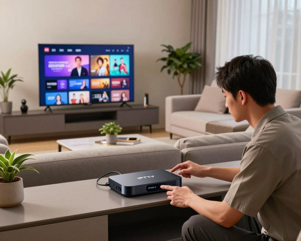 A sleek, modern living room showcasing a seamless IPTV installation process. In the foreground, a professional technician in a smart outfit is demonstrating the setup of an IPTV box on a stylish entertainment center. The technician is focused and engaged, with the IPTV box clearly visible, connected to a large flat-screen TV displaying vibrant streaming content. In the middle ground, an elegantly furnished sofa and decorative elements like potted plants add warmth to the ambiance. The background features soft, natural lighting filtering through sheer curtains, enhancing a cozy yet sophisticated atmosphere. The color palette consists of calming tones with a hint of tech ambiance, suggesting a simple and quick installation experience. The camera angle captures the action from a slightly elevated position, providing a comprehensive view of the scene. A sleek, modern living room showcasing a seamless IPTV installation process. In the foreground, a professional technician in a smart outfit is demonstrating the setup of an IPTV box on a stylish entertainment center. The technician is focused and engaged, with the IPTV box clearly visible, connected to a large flat-screen TV displaying vibrant streaming content. In the middle ground, an elegantly furnished sofa and decorative elements like potted plants add warmth to the ambiance. The background features soft, natural lighting filtering through sheer curtains, enhancing a cozy yet sophisticated atmosphere. The color palette consists of calming tones with a hint of tech ambiance, suggesting a simple and quick installation experience. The camera angle captures the action from a slightly elevated position, providing a comprehensive view of the scene.