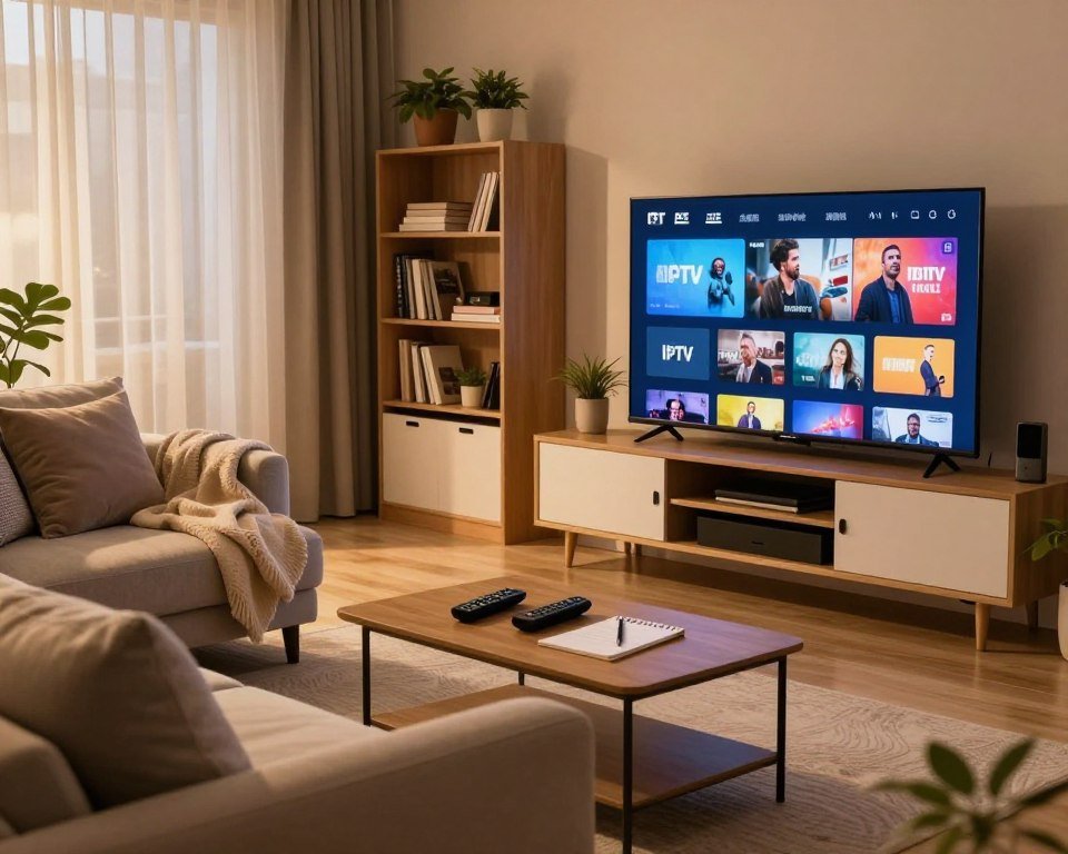 A sleek, modern living room that represents a cozy viewing experience centered around IPTV usage. In the foreground, a stylish TV stand features a high-definition television displaying an IPTV interface with various channels. There’s a comfortable sofa with plush cushions, a soft throw blanket draped casually, and a coffee table adorned with remote controls and a notepad with a pen. The middle background highlights a bookshelf filled with various media items and some indoor plants, adding warmth to the space. The lighting is soft and inviting, casting a warm glow throughout the room, evoking a relaxed atmosphere. The scene captures a sense of practicality and comfort associated with following IPTV tips and advice.
