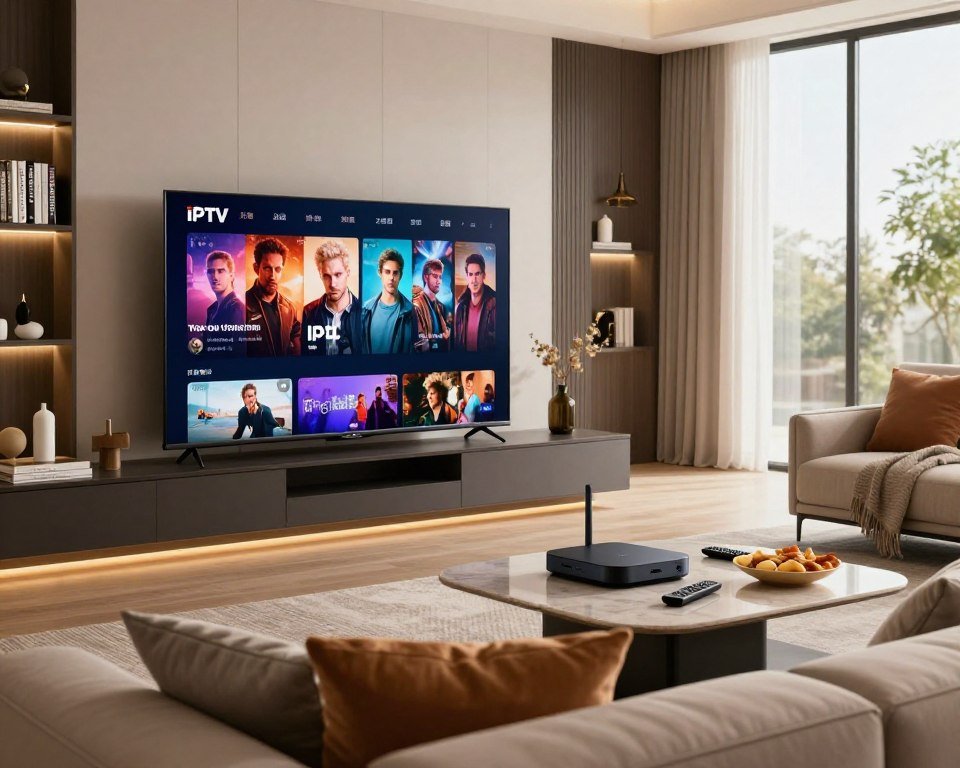 A sleek, modern living room with a large flat-screen TV displaying vibrant IPTV content, showcasing popular movies and shows. In the foreground, a comfortable sofa embellished with stylish cushions invites relaxation. To one side, a coffee table holds a remote and snacks, enhancing the cozy ambiance. The middle ground features a wireless streaming device prominently placed, symbolizing cutting-edge technology. Soft, warm lighting bathes the room, creating an inviting atmosphere. A stylish bookshelf filled with DVDs and decorative items adds depth to the scene. The background contains a large window with natural light pouring in, accentuating the modern décor. The overall mood is one of comfort and enjoyment, emphasizing the premium IPTV experience.