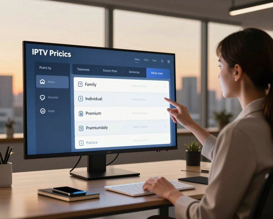 A sleek modern workspace featuring a large digital screen displaying a flexible pricing plan for IPTV services. In the foreground, a professional businesswoman, dressed in smart attire, gestures confidently at the screen, showcasing options like family, individual, and premium packages. The middle section includes a stylish desk with notebooks and a smartphone, emphasizing a tech-savvy environment. The background highlights a window overlooking a city skyline at dusk, casting warm golden hues across the office. Soft, ambient lighting enhances the professional atmosphere, while a slight focus blur on the background adds depth to the composition. The overall mood conveys a sense of innovation and accessibility within the flexible subscription model.