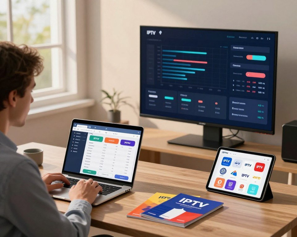 A sleek, modern workspace filled with tech gadgets related to IPTV services. In the foreground, a professional in business attire examines a laptop with comparison charts displaying various IPTV subscription offers. On the middle desk, there are colorful brochures and tablets showcasing IPTV logos and features. Soft, natural lighting filters through a large window in the background, casting gentle shadows. Behind, a large screen displays graphs and user ratings in a dynamic layout. The atmosphere is focused and professional, conveying a sense of diligence in selecting the best IPTV providers in France. The overall color palette is warm and inviting, enhancing the modern, tech-savvy feel of the scene.
