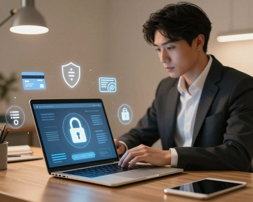 A sleek, modern workspace highlighting secure online payment methods. In the foreground, a high-tech laptop displays a digital payment interface with padlocks symbolizing security. Surrounding the laptop, various payment icons (like credit cards, electronic wallets, and two-factor authentication symbols) are artistically arranged. The middle ground features a professional individual dressed in business attire, attentively engaging with the laptop, showcasing focus and confidence. The background includes a soft-focus diagram of cybersecurity elements, like firewalls and shield icons, signifying protection. Warm, inviting lighting with a subtle glow enhances the atmosphere, creating a sense of trust and safety. The composition should be balanced and harmonious, emphasizing the advantages of secure online payment methods.