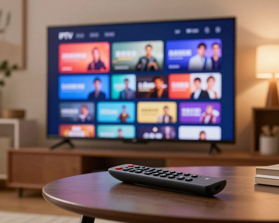 A sleek, user-friendly IPTV interface displayed on a modern smart TV screen in a cozy living room setting. In the foreground, the TV showcases vibrant thumbnails of various channels and streaming options, arranged in a visually appealing grid layout, with vivid colors that capture attention. In the middle, a stylish remote control rests on a sleek coffee table, highlighting its ergonomic design and intuitive button layout, suggesting ease of use. The background features soft lighting, with warm tones emanating from a nearby lamp, creating a welcoming atmosphere, and a subtle view of comfortable furniture. The image conveys a sense of modern technology enhancing daily entertainment experiences, emphasizing an intuitive user experience.