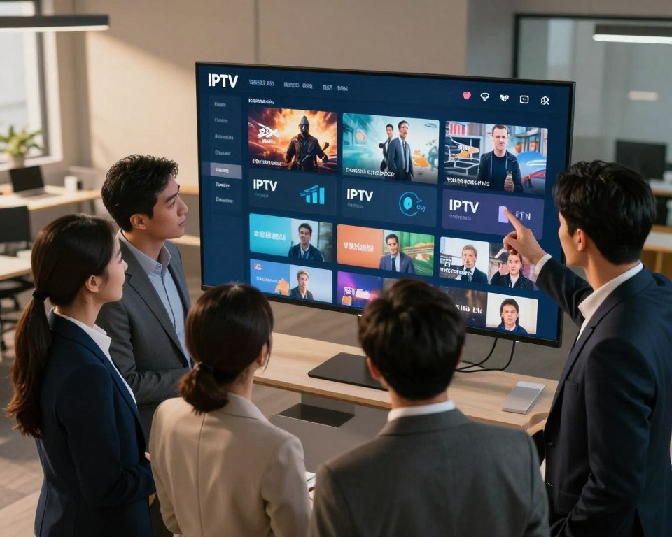 A stylized image of a modern IPTV catalog, showcasing various channels on sleek digital screens. In the foreground, a diverse group of three professionals dressed in business attire stands discussing the catalog, pointing at the screens. The middle section presents a large, open catalog featuring intricate graphics and icons representing different IPTV channels, such as movies, sports, news, and entertainment. In the background, a contemporary office environment with soft lighting creates a warm, inviting atmosphere. The scene is captured from a slightly elevated angle, emphasizing the interaction among the professionals. The overall mood conveys innovation and reliability in IPTV services, highlighting the benefits and diverse content of an IPTV subscription.