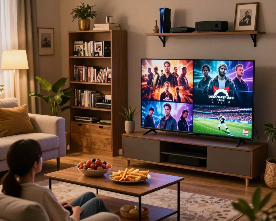 A vibrant and engaging scene showcasing a variety of entertainment content. In the foreground, a large flat-screen TV displays a split screen of popular films, captivating series, and thrilling sports moments. The middle layer features an inviting living room setting with a cozy couch, stylish decor, and snacks arranged on a coffee table, emphasizing a home viewing experience. The background includes shelves filled with DVDs, gaming consoles, and streaming devices, illustrating diverse viewing options. Soft, warm lighting enhances the atmosphere, creating an inviting and exciting vibe. The angle is slightly elevated to capture both the TV and the cozy environment. The mood is lively and relaxed, perfect for family entertainment or a casual hangout with friends.