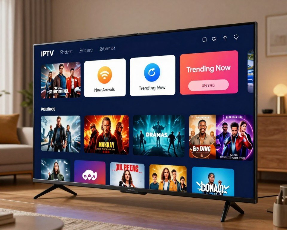 A vibrant and inviting digital interface displaying an extensive catalogue of channels and films. In the foreground, a sleek modern television shows a colorful selection of movie thumbnails, with genres such as action, drama, and comedy highlighted. The middle ground features an elegant app interface design, showcasing various categories like 'New Arrivals' and 'Trending Now', with interactive buttons and vivid icons. In the background, a cozy living room ambiance is created, with soft lighting illuminating the space, enhancing the warm atmosphere. The image is captured from a slightly angled perspective to add depth, focusing on the television and the app interface. The overall mood is engaging and contemporary, reflecting the excitement of content exploration in an IPTV setting.