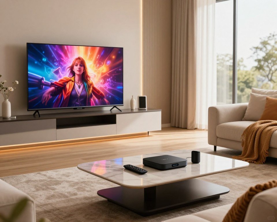 A vibrant and modern digital living room setup showcasing a large, high-definition TV displaying vivid visual content. In the foreground, a sleek, contemporary coffee table with smart devices like a streaming box and a remote control. The middle ground features a comfortable sofa with plush cushions, decorated with a cozy blanket. In the background, a stylish entertainment unit adorned with subtle LED lighting that enhances the digital display. Soft natural light filters through large windows, creating an inviting atmosphere. The scene is illuminated with warm lighting to evoke a feeling of comfort and high quality, emphasizing the concept of superior streaming experience. The angle is slightly elevated to capture all elements harmoniously, ensuring a professional and engaging aesthetic.