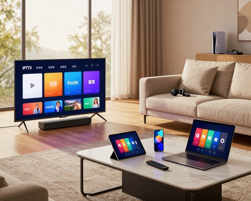 A vibrant and modern living room setting showcasing a variety of devices compatible with IPTV services. In the foreground, a sleek Smart TV displays a colorful interface, surrounded by a tablet, smartphone, and laptop on a stylish coffee table. The middle ground features a comfortable couch with a remote control and headphones placed on the cushions, symbolizing user-friendly accessibility. In the background, large windows let in warm, natural light, creating an inviting atmosphere. The decor includes contemporary furniture and subtle tech elements, like a soundbar and gaming console, enhancing the tech-savvy feel. The overall mood is relaxed, emphasizing versatility and convenience in media consumption. Use soft, diffused lighting to enhance warmth and comfort.