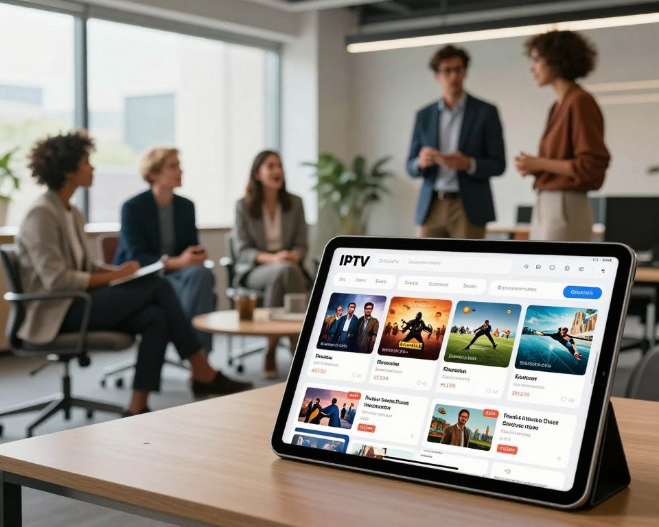 A vibrant and modern office setting showcasing flexible subscription options for IPTV services. In the foreground, a large tablet displays various subscription plans and prices in an organized layout, with images representing different entertainment options like films, sports, and documentaries. The middle ground features a diverse group of professionals dressed in business attire, casually discussing the benefits of flexible subscriptions, with expressions of enthusiasm and engagement. In the background, large windows let in natural light, illuminating the room, while modern office furniture adds to the contemporary feel. The atmosphere is professional yet inviting, conveying a sense of innovation and client satisfaction in the realm of IPTV services.