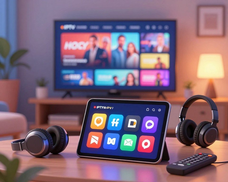 A vibrant and visually engaging digital illustration depicting a variety of streaming subscription offers for IPTV services. In the foreground, include a sleek, modern tablet displaying colorful icons representing different streaming platforms, surrounded by a stylish set of headphones and a remote control. The middle layer features a blurred TV screen showcasing a high-definition image of popular shows. In the background, create a cozy living room atmosphere with soft ambient lighting, accentuated by a warm glow from a lamp. The overall mood should evoke a sense of convenience and excitement about accessing streaming content easily, reflecting the advanced capabilities of IPTV services in a contemporary home setting. Focus on clarity and detailed textures to enhance visual appeal.