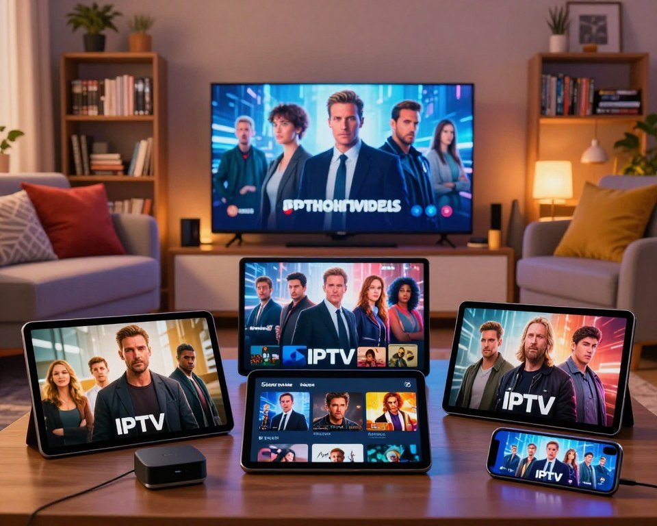 A vibrant, engaging digital composition showcasing exclusive content from IPTV platforms. In the foreground, a diverse array of streaming devices such as tablets, smart TVs, and smartphones display vivid scenes from popular movies and TV series, featuring dynamic characters in professional attire. The middle layer features a cozy living room setup, with a sleek couch and colorful cushions, bathed in warm, inviting lighting that enhances a sense of comfort. In the background, shelves filled with DVDs, books, and decorative elements suggest a media-rich environment. The atmosphere is lively yet relaxed, inviting viewers to explore the excitement of exclusive channels, films, and series through IPTV subscriptions. The overall color palette is warm, with contrasting cool tones from the screens, creating a modern yet welcoming vibe.