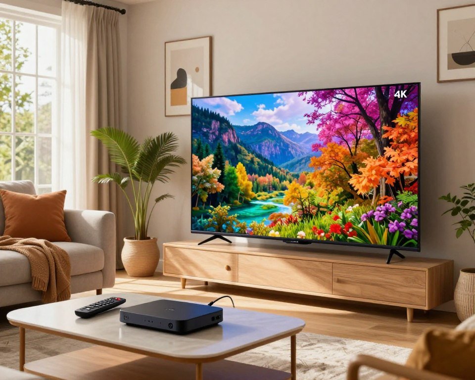 A vibrant living room featuring a large, high-definition 4K television displaying a breathtaking nature scene, showcasing brilliant colors and exquisite detail. In the foreground, a sleek coffee table holds a remote control and a streaming device, emphasizing modern technology. The middle ground features a comfortable sofa adorned with soft, decorative cushions, inviting viewers to relax. Sunlight streams through a large window, creating a warm and inviting atmosphere, highlighting the sharp clarity and vivid colors of the TV screen. Stylized decor elements, like potted plants and artwork, fill the background, enhancing the cozy yet sophisticated ambiance. The scene is captured at eye level, showcasing the rich textures and colors of the room in stunning detail. An overall sense of comfort and excitement for high-quality viewing experience radiates from the image.