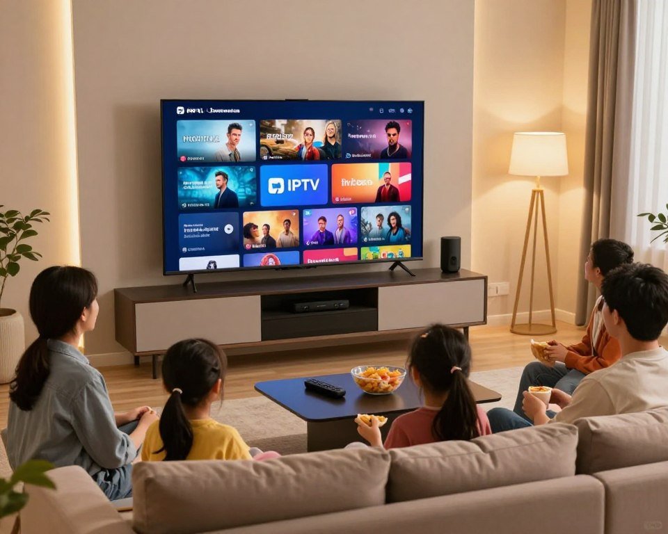 A vibrant living room setting showcasing a modern home entertainment setup, featuring a large smart TV displaying a wide range of colorful IPTV channels. In the foreground, a family enjoys the experience, dressed in casual, comfortable clothing, gathered on a plush sofa with snacks. In the middle ground, a sleek entertainment center is adorned with streaming devices and a remote control, emphasizing quality streaming. The background displays a stylish interior with warm lighting creating a cozy atmosphere. Soft, diffused light illuminates the scene, capturing the excitement of the family immersed in their favorite shows. The overall mood is inviting and relaxed, highlighting the advantages of IPTV with an emphasis on premium viewing experiences.