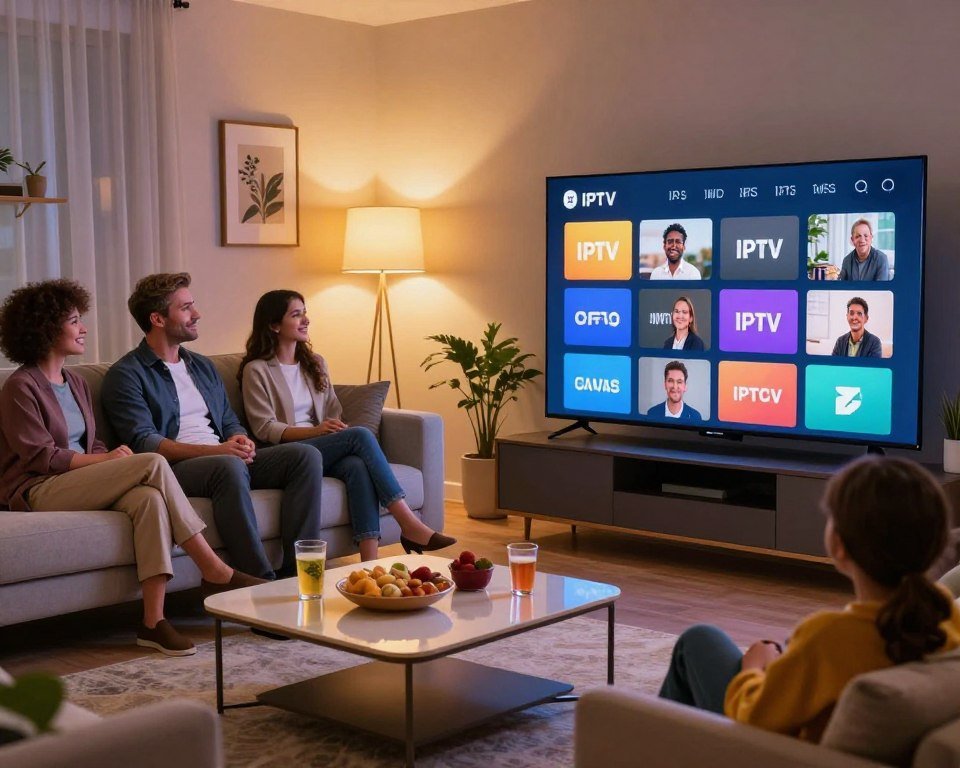 A vibrant living room setting showcasing a sleek smart TV displaying a colorful IPTV interface filled with various channel icons. In the foreground, there is a stylish coffee table with snacks and drinks, inviting a relaxed viewing experience. The middle ground features a cozy couch with family members dressed in professional business attire, engaged and smiling while enjoying a movie night together. The background shows a well-decorated room with warm lighting, subtle ambient glow from floor lamps, and decorative elements like plants and artwork. The overall atmosphere is inviting, joyful, and connected, emphasizing the importance of quality entertainment, with a cinematic angle focusing on the interaction between the characters and the TV screen.