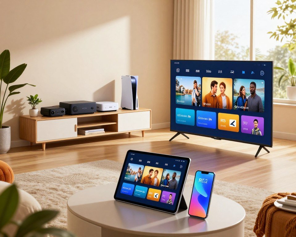 A vibrant, modern living room showcasing a variety of devices compatible with IPTV services. In the foreground, a sleek smart television displays an IPTV interface, while beside it, a tablet and smartphone are positioned to demonstrate multi-device compatibility. The middle ground features a stylish media console with streaming devices and game consoles. In the background, a window lets in warm, natural light, casting a soft glow across the room, enhancing the inviting atmosphere. The setting is complete with cozy furniture, houseplants, and contemporary decor that conveys a sense of comfort and innovation. The angle captures the scene from a slightly elevated perspective, providing a comprehensive view of the gadgets. Aim for a lively yet professional mood, emphasizing technology's seamless integration into everyday life, free from any text or branding.