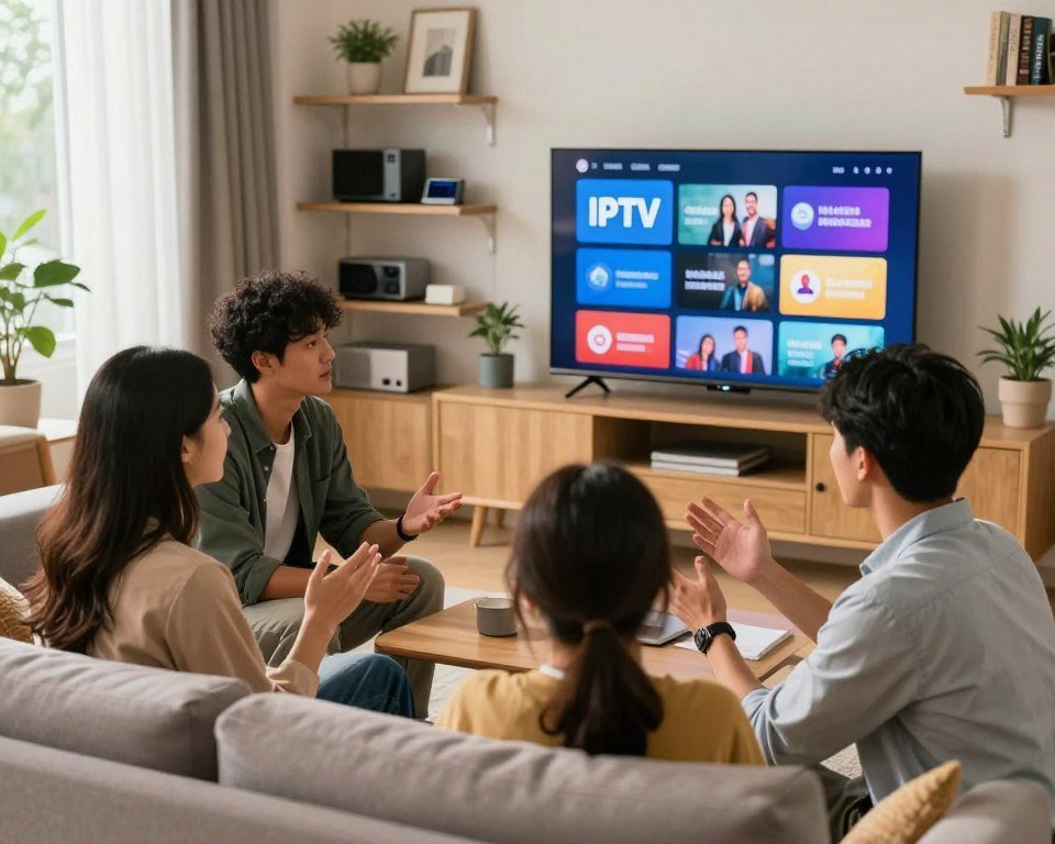 A vibrant scene showcasing the advantages of an IPTV subscription versus traditional solutions. In the foreground, a diverse group of three young professionals—a woman and two men—are seated on a modern couch, engaged in a lively discussion. They’re dressed in smart casual attire, with a large flat-screen TV displaying various streaming options in the background. The middle layer features a cozy living room setup with stylish decor and warm lighting, emphasizing comfort and connectivity. The background shows shelves filled with digital devices and books, symbolizing the modern digital lifestyle. Bright, natural light enters through the window, creating an inviting, optimistic atmosphere that highlights the convenience and reliability of IPTV. The angle captures the dynamic interaction and the immersive entertainment experience offered by IPTV services.