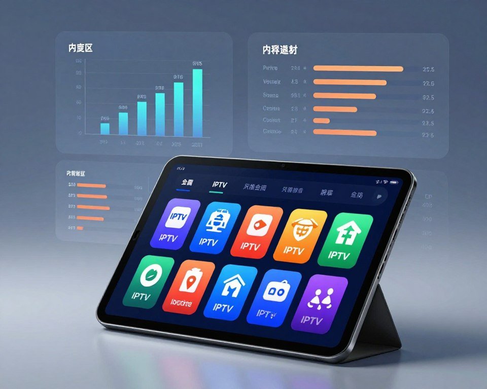 A visually appealing and informative scene displaying a comparative analysis of premium IPTV services. In the foreground, a sleek digital tablet showcases vibrant icons and graphics representing various IPTV service offerings, each symbolized by distinct colors and logos. In the middle ground, there are abstract charts and graphs displaying service features like pricing, content variety, and customer ratings, emphasizing clarity and modern design. The background is a subtle gradient of blue and gray, conveying a tech-savvy atmosphere, with soft, diffused lighting highlighting the tablet and visual information. The image should evoke a sense of sophistication and innovation, aimed at helping users make informed choices about IPTV subscriptions.