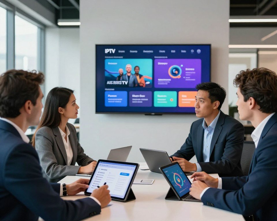 A visually appealing and modern office setting showcasing flexible IPTV subscription plans. In the foreground, a diverse group of three professionals, dressed in smart business attire, are engaged in a discussion around a sleek table with digital tablets and charts displaying various subscription options. In the middle, a large screen on the wall shows vibrant graphics of the IPTV interface, highlighting features and flexibility of plans. The background features a contemporary office design with large windows allowing natural light to fill the space, enhancing a welcoming atmosphere. The lighting is bright and dynamic, creating a sense of innovation and professionalism. The image should convey a mood of collaboration and adaptability, emphasizing the tailored nature of the subscription services.