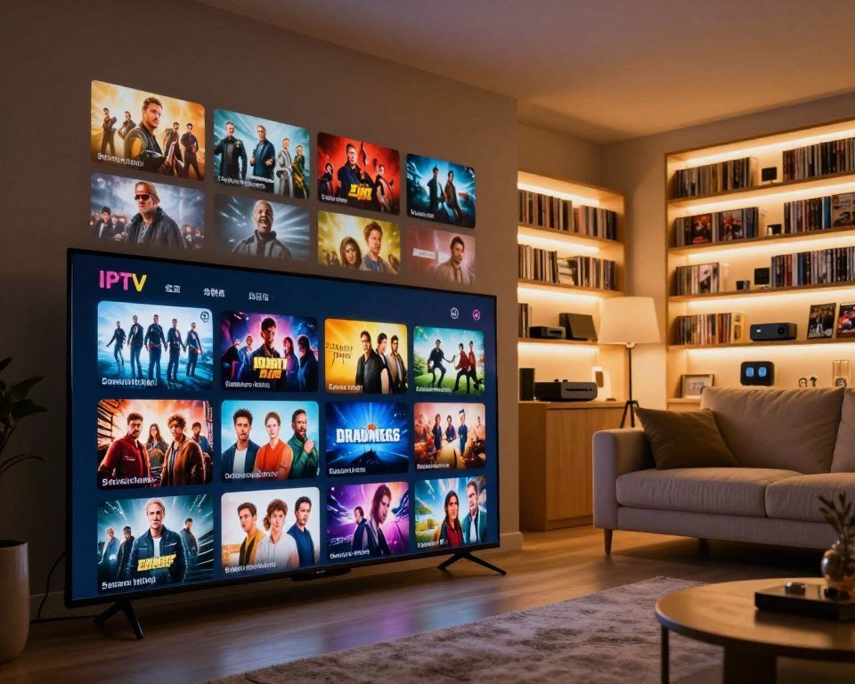 A visually appealing collage showcasing a vibrant selection of television channels, films, and series available on IPTV. In the foreground, display a sleek TV screen with dynamic thumbnails of various popular movie and show titles, including action, drama, and comedy genres. The middle ground features a stylish living room setup, with a comfortable sofa and a cozy ambiance, hinting at a cinematic experience. In the background, softly illuminated shelves filled with DVDs and streaming devices create an inviting atmosphere. The lighting is warm and inviting, mimicking a late evening vibe, with shadows adding depth. Use a wide-angle perspective to capture the entire scene, evoking a sense of excitement and exploration in the world of on-demand entertainment.