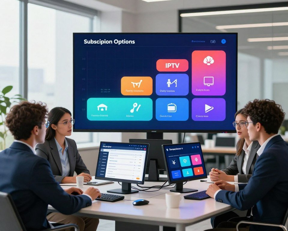 A visually appealing illustration depicting flexible subscription options for IPTV services. In the foreground, a diverse group of three professionals in business attire engage in discussion around a sleek, modern table, with digital devices displaying various subscription plans on their screens. In the middle ground, a large screen showcases colorful charts and icons representing different subscription tiers, with symbols for family-friendly content, sports, movies, and live channels. The background features a contemporary office setting with soft, natural lighting filtering through large windows, giving an inviting atmosphere. The overall mood is dynamic and collaborative, reflecting innovation and choice in the digital streaming landscape. Emphasis on clarity and modernity, utilizing a wide-angle lens to capture the essence of flexibility in IPTV subscriptions.