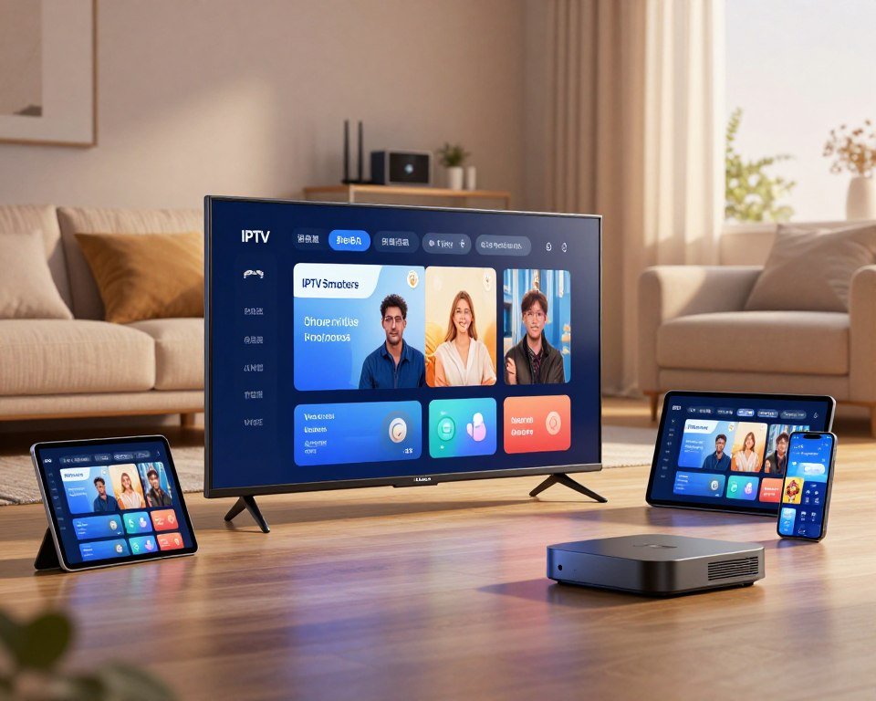 A visually appealing illustration showcasing various compatible devices for IPTV Smarters Pro. In the foreground, prominently display a sleek smart TV, surrounded by modern devices such as a tablet, smartphone, and streaming device, all displaying the IPTV Smarters Pro interface. In the middle ground, include a stylish living room setting with a comfortable couch and ambient lighting, creating a cozy atmosphere. The background should feature a connected home environment, with hints of a Wi-Fi router and digital gadgets. Use soft, warm lighting to create an inviting mood, emphasizing the seamless integration of technology in everyday life. The angle should capture the devices at eye level, providing a clear view of their compatibility and modern design.