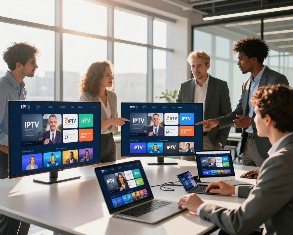 A visually compelling comparison of IPTV service offerings in a modern office setting. In the foreground, a sleek table displays various digital devices like smart TVs, laptops, and tablets, each showing a different streaming interface. In the middle ground, a diverse group of professionals, dressed in business attire, engage in discussion, pointing at the screens, sharing insights about features and prices of different IPTV packages. The background features large windows with sunlight streaming in, casting a warm glow over the scene, suggesting a sense of innovation and connectivity. The atmosphere is professional yet collaborative, highlighting the dynamic nature of IPTV service comparisons. The overall image should convey the essence of modern technology and teamwork in a vibrant and inviting space.
