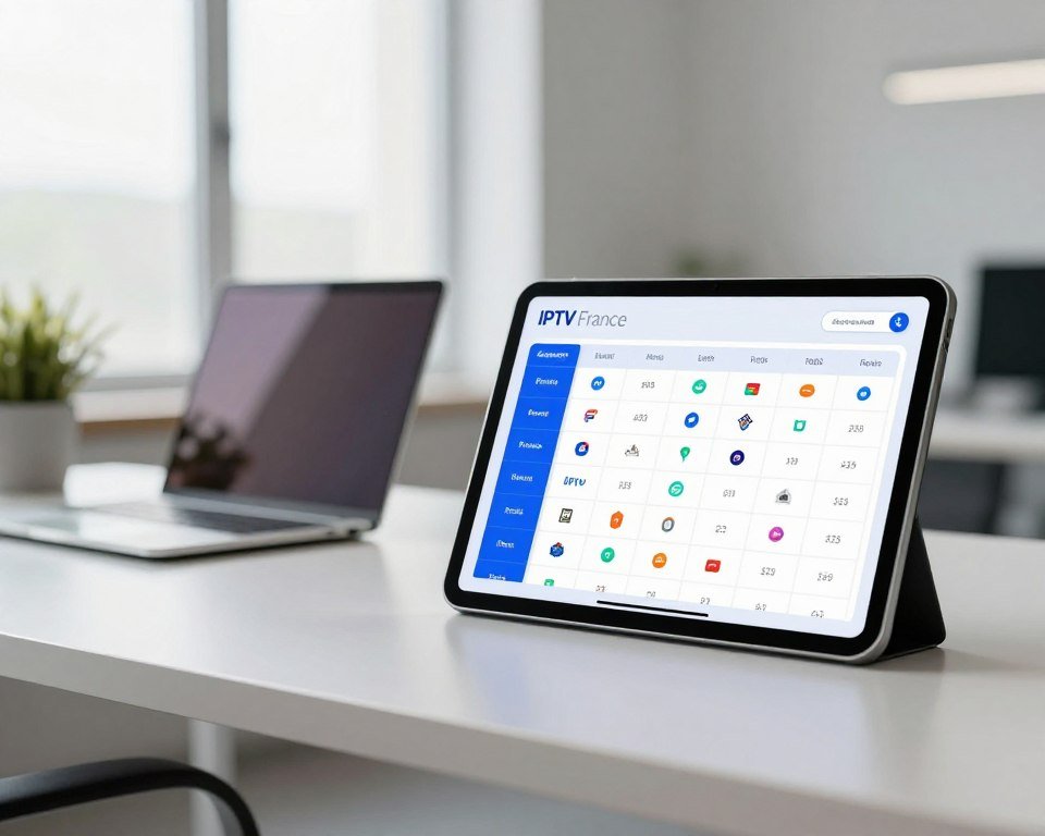 A visually engaging comparison chart illustrating legal IPTV offers in France, showcasing various subscription plans. In the foreground, a sleek digital tablet displays an interactive price comparison, with colorful icons representing different services. In the middle ground, a clean and modern workspace with a stylish desk, a laptop, and potted plants adds a professional atmosphere. The background features a blurred office setting with large windows allowing bright, natural light to flood the room. The mood is informative and modern, highlighting transparency in IPTV subscriptions. Use soft lighting to enhance the clarity of the chart, and ensure the composition feels balanced and inviting for readers. No text overlays or branding present, maintaining a professional look.