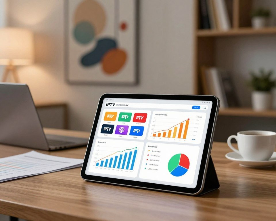 A visually engaging comparison chart showcasing IPTV subscription formulas. In the foreground, a sleek digital tablet displays vibrant icons representing various sports channels, surrounded by colorful graphs and pie charts illustrating subscription tiers. The middle layer features a professional workspace with a laptop, papers, and a coffee cup, indicating active research. In the background, a softly lit modern office with abstract art and bookshelves, creating a calm and focused atmosphere. Use warm lighting to enhance the inviting feel, with a shallow depth of field to emphasize the tablet and graph details while blurring the background. The overall mood should convey professionalism and clarity, highlighting the importance of informed choices in IPTV subscriptions.