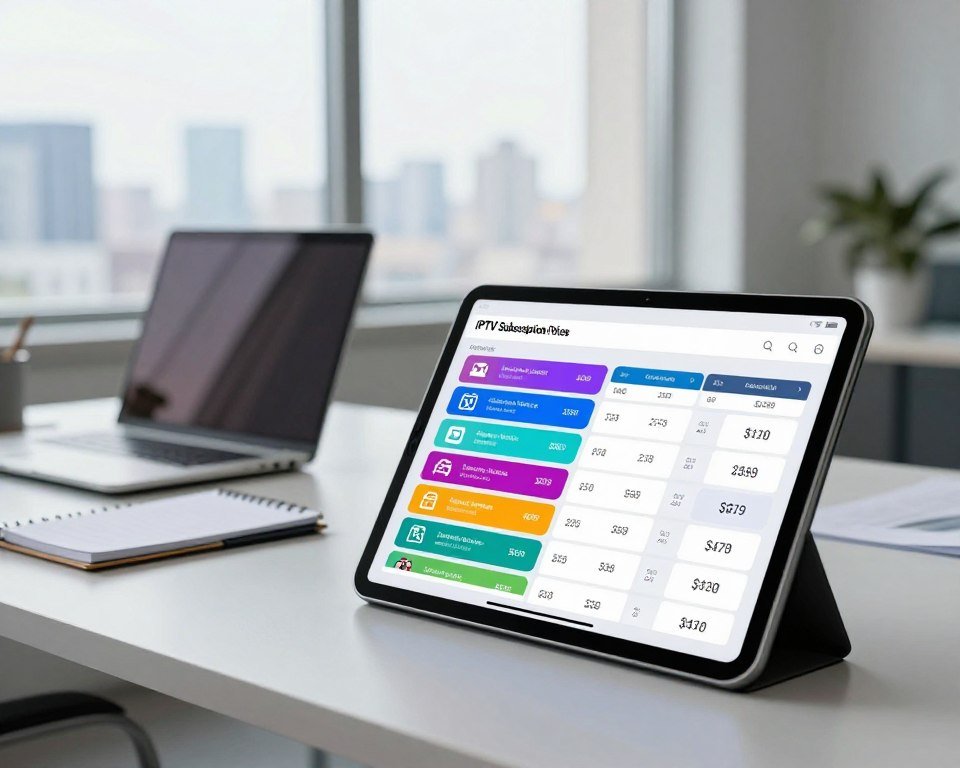A visually engaging comparison chart showcasing IPTV subscription prices, set in a modern, sleek office environment. In the foreground, a digital tablet displays a colorful, detailed graph with various subscription options and prices, each represented by distinct icons and colors for clarity. In the middle ground, a stylish desk adorned with a laptop and a notepad hints at ongoing research and decision-making. The background features a bright window with a city skyline, allowing natural light to flood the scene, creating a professional yet inviting atmosphere. The overall mood is informative and dynamic, perfect for a tech-savvy audience. The image should be well-composed, with a balanced focus on the tablet's details while keeping the desk elements slightly blurred to emphasize the chart.