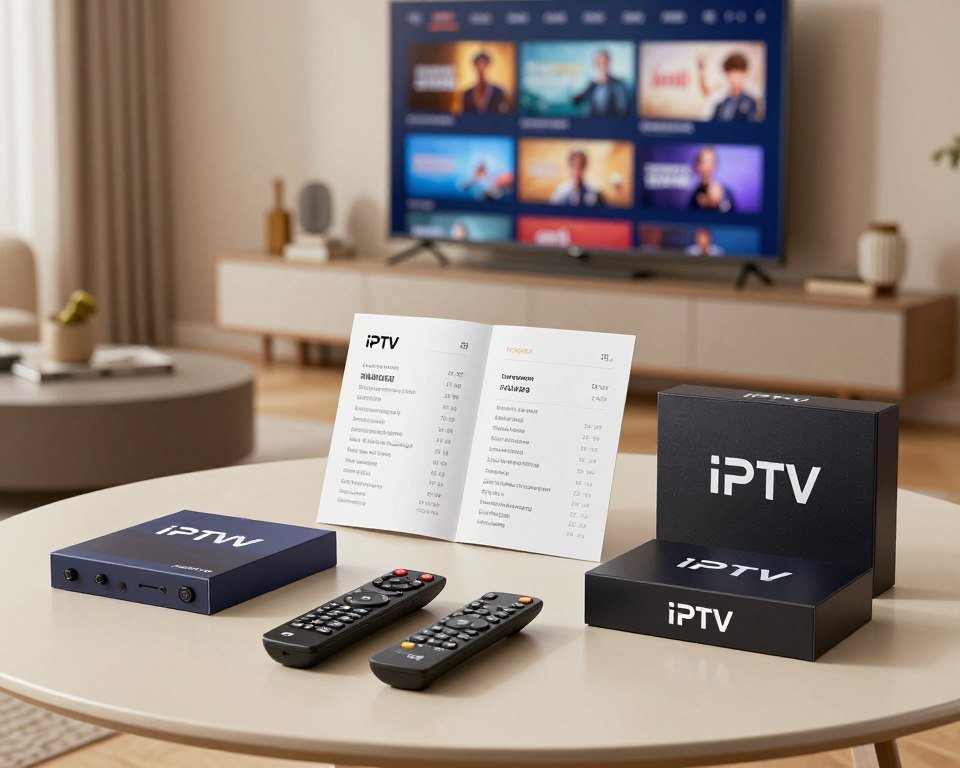 A visually engaging comparison of digital television packages in a sleek, modern setting. The foreground features an elegant table displaying various IPTV remote controls and sleek subscription boxes, symbolizing different digital packages. In the middle, an attractive, professional-looking brochure or chart highlights key features and prices in a clean, organized layout. The background showcases a stylish living room with a large flat-screen TV displaying streaming content. Soft, warm lighting creates an inviting atmosphere, emphasizing the modernity of digital television services. The image should be captured from a slightly elevated angle, adding depth to the composition while ensuring clarity in showcasing the IPTV offerings.