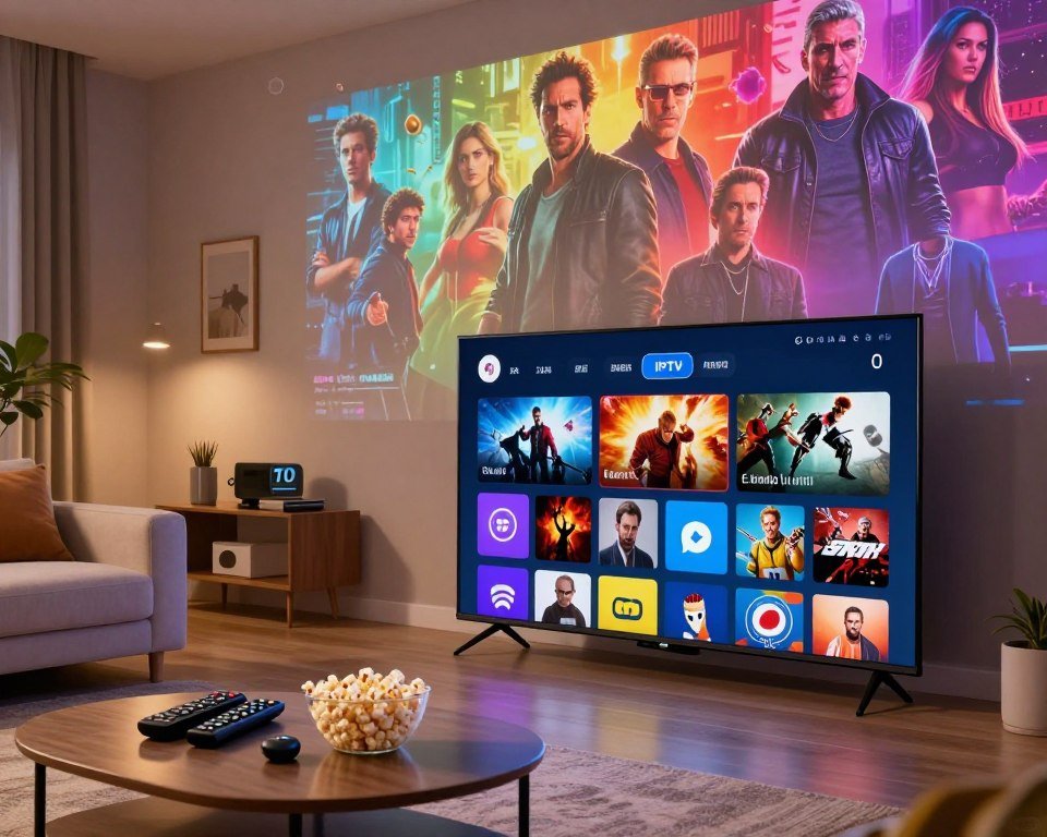 A visually engaging digital collage that represents a complete catalogue of channels, films, series, and sports content available through IPTV. In the foreground, display a sleek, modern TV screen showing a vibrant interface filled with various genre icons, including action, drama, and sports. The middle layer features a stylish living room space, suggesting comfort and technology, with a cozy couch and a coffee table adorned with remote controls and popcorn. The background should display abstract representations of streaming icons and vivid imagery of popular film and series characters, blended in a dynamic and colorful manner. The lighting should be warm and inviting, enhancing the atmosphere, while the perspective is from a slightly elevated angle, creating a sense of depth and engagement.