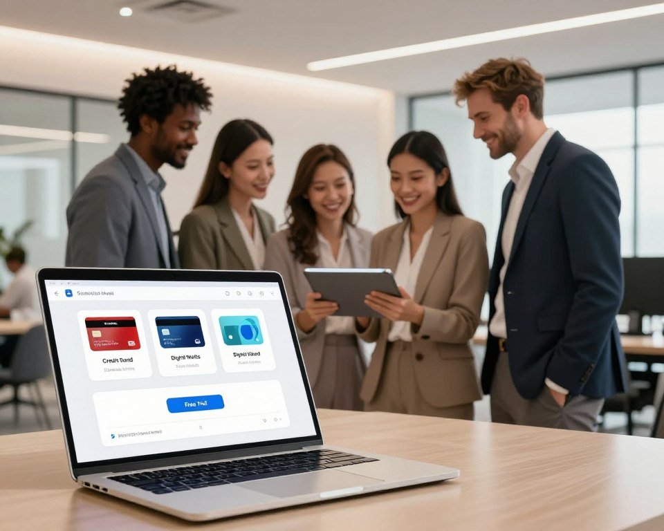 A visually engaging digital illustration showcasing flexible payment options and a free trial for a multi-device IPTV subscription service. In the foreground, a professional-looking laptop displays a visually appealing subscription model interface with payment options like credit cards, digital wallets, and a highlighted "Free Trial" button. In the middle, a diverse group of individuals in business attire examines a tablet together, expressing satisfaction and collaboration. In the background, a modern, minimalist office environment with soft lighting creates a warm, inviting atmosphere. Use a slightly angled perspective to emphasize the interaction between the people and the technology, evoking a sense of innovation and flexibility. The overall mood should be optimistic and professional, capturing the essence of convenience and accessibility in entertainment subscriptions.