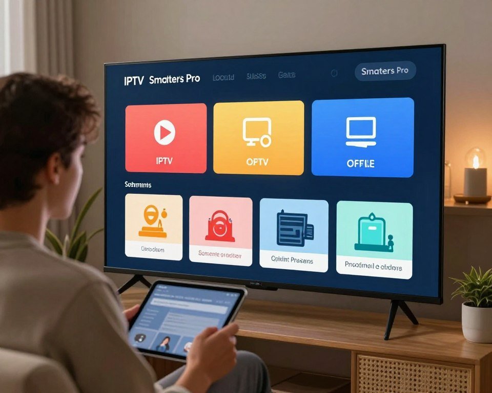 A visually engaging representation of IPTV subscription details, featuring a sleek, modern digital interface displayed on a large, high-resolution screen. In the foreground, include a professional, casually dressed person, thoughtfully reviewing the offers with a tablet in hand. The middle layer showcases vibrant icons and graphics relevant to the IPTV Smarters Pro service, like streaming symbols, subscription plans, and features illustrated with clean, tech-inspired design elements. The background can depict a contemporary home entertainment setup, with soft ambient lighting creating a cozy yet sophisticated atmosphere. Use a warm color palette to evoke a sense of comfort and enjoyment while watching premium IPTV content. The angle should focus on the interaction between the person and the digital interface, emphasizing clarity and accessibility of information.