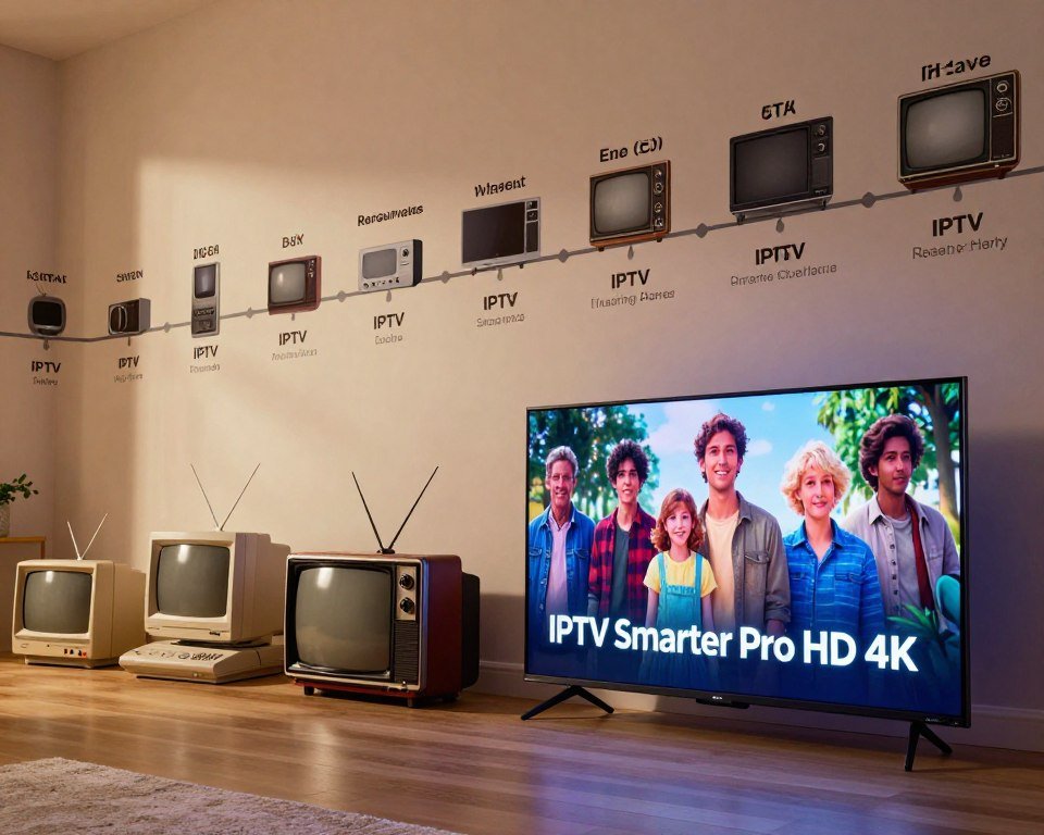 A visually engaging representation of the historical evolution of streaming services, showcasing iconic devices and platforms from the inception of television to modern IPTV solutions like IPTV Smarter Pro HD 4K. In the foreground, a sleek modern smart TV displays vibrant visuals. In the middle, vintage televisions and streaming devices, like early computers, illustrate the transition of technology over time. The background features a timeline that visually depicts key milestones in streaming history. Soft, warm lighting highlights the devices, while a subtle glow emanates from the TV screen, creating an inviting atmosphere. The perspective is a slightly elevated angle, emphasizing the timeline's journey. The overall mood is nostalgic yet forward-looking, reflecting the advancement of technology in home entertainment.