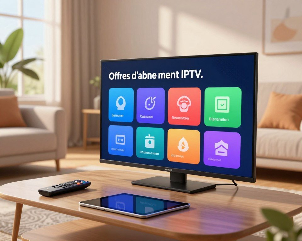 A visually striking and modern illustration showcasing "Offres d'abonnement IPTV." In the foreground, a sleek, high-tech digital screen displays various subscription options, styled with colorful icons representing different channels and features. The middle ground features a stylish living room setting, complete with a comfortable sofa and a decorative coffee table. On the table, a remote control lies next to a tablet, emphasizing the digital nature of IPTV. In the background, a large window lets in warm, natural light, creating a cozy and inviting atmosphere. Soft shadows and highlights enhance the scene's depth, while a stylish indoor plant adds a touch of freshness. The overall mood conveys excitement and innovation in home entertainment.