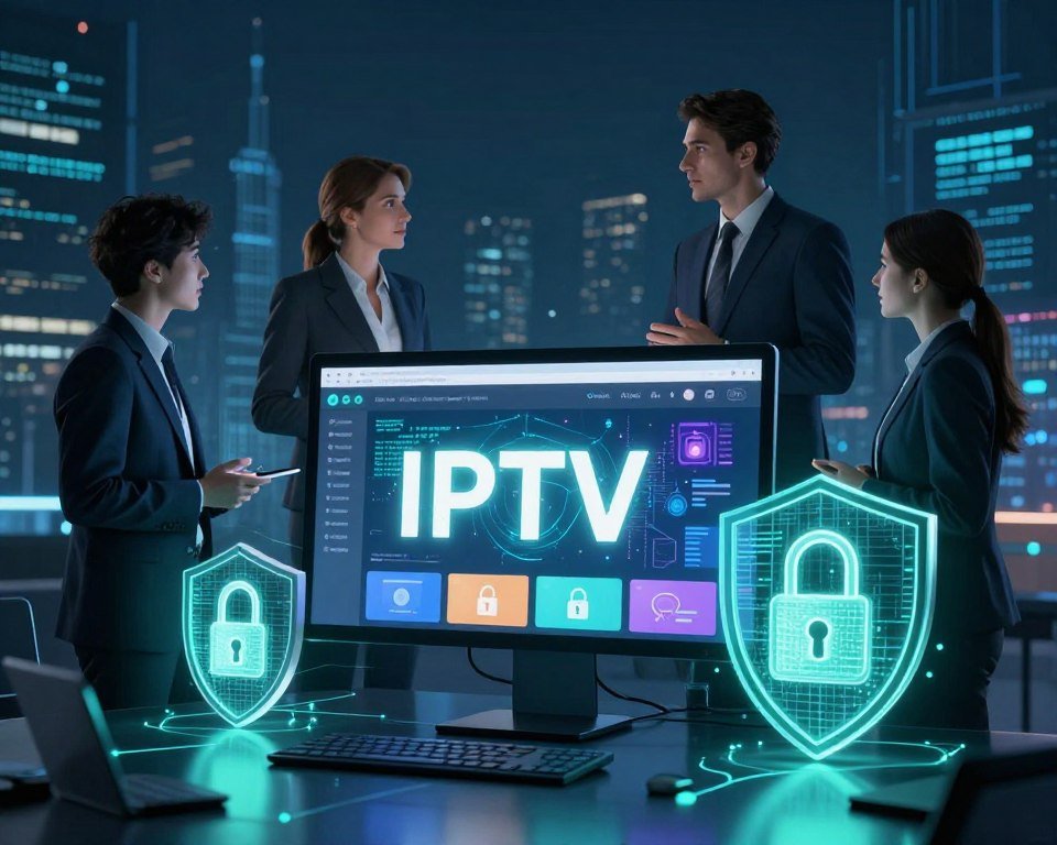A visually striking digital illustration symbolizing data security and protection in the context of IPTV services. In the foreground, showcase a sleek, modern computer screen displaying a vibrant IPTV interface, surrounded by glowing locks and digital shields to represent security. In the middle ground, incorporate professional business figures dressed in smart business attire, engaged in discussion, emphasizing a collaborative approach to protecting user data. The background should feature a dark, tech-themed cityscape with subtle coding patterns and network connections, creating a sense of advanced technology and vigilance. Use dramatic lighting with a blue and green color palette to evoke a sense of trust and safety, focusing on clarity and motivation in the composition.