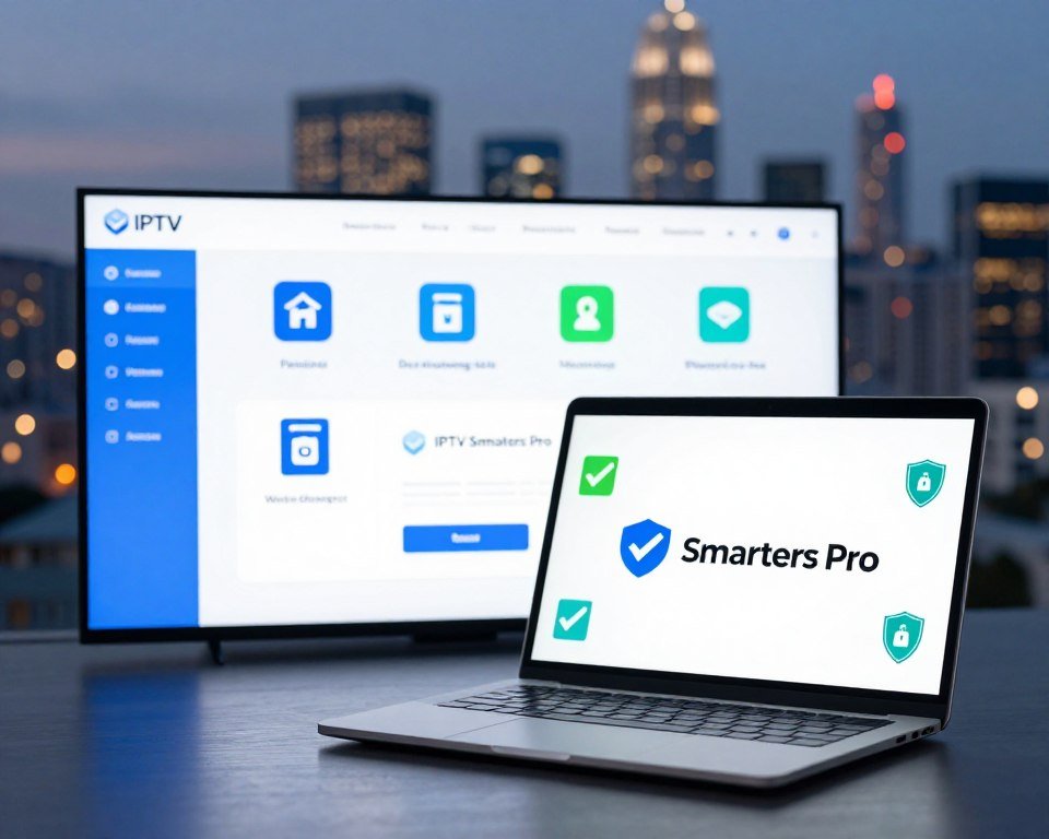 A visually striking illustration that captures a comparison of secure download sources for IPTV Smarters Pro. In the foreground, showcase a modern laptop displaying the IPTV Smarters Pro logo on the screen, surrounded by checkmarks and security symbols like shields. In the middle ground, depict a sleek digital interface with icons representing different reputable downloading websites, all highlighted with blue and green hues to signify trust and security. In the background, include a city skyline at dusk, with soft glowing lights to evoke a sense of reliability and modernity, while ensuring clear visibility of all elements. The overall mood should be professional and trustworthy, illuminated by soft, even lighting to enhance clarity and focus on the subject matter.