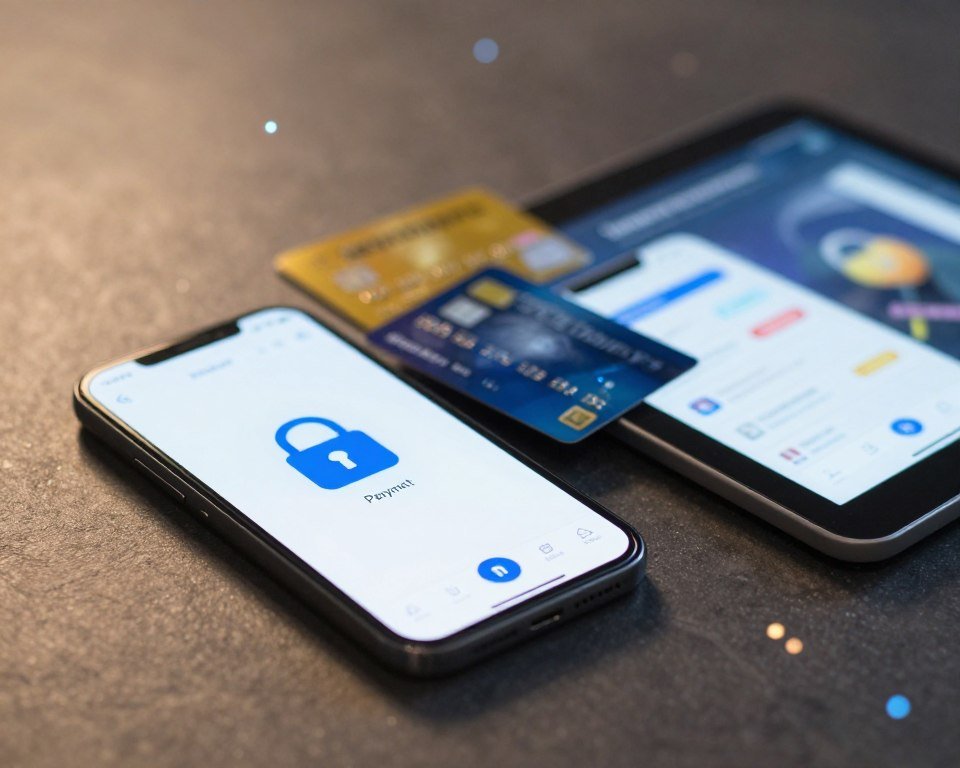 A visually striking image depicting secure payment methods for an IPTV subscription service. In the foreground, show a sleek, modern smartphone displaying a secure payment interface with a padlock icon prominently featured. In the middle, include a few credit cards and a digital wallet app open on a tablet, suggesting various secure payment options. The background should feature a blurred financial technology environment, hinting at a digital world with soft glowing lights and subtle data streams. The lighting is warm and inviting, creating a sense of trust and security. The overall mood should evoke confidence and assurance in safe online transactions. No text or logos should be present in the image.