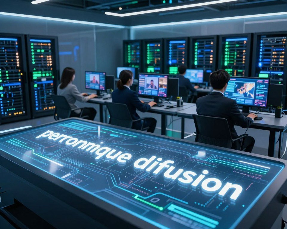 A visually striking representation of "performance technique diffusion" in a modern, high-tech setting. In the foreground, a sleek, translucent screen displays flowing digital data streams, symbolizing efficient content delivery. The middle ground features professional individuals in business attire, engaged with high-definition devices, showcasing interactive IPTV experiences. The background is filled with sophisticated server rooms, illuminating the essence of advanced technology with soft blue and green lighting. Use a wide-angle perspective to capture the dynamic interplay between people and technology. The atmosphere is innovative and energetic, emphasizing the seamless integration of quality and performance. Accent the image with a subtle lens flare effect to convey a sense of cutting-edge advancement.
