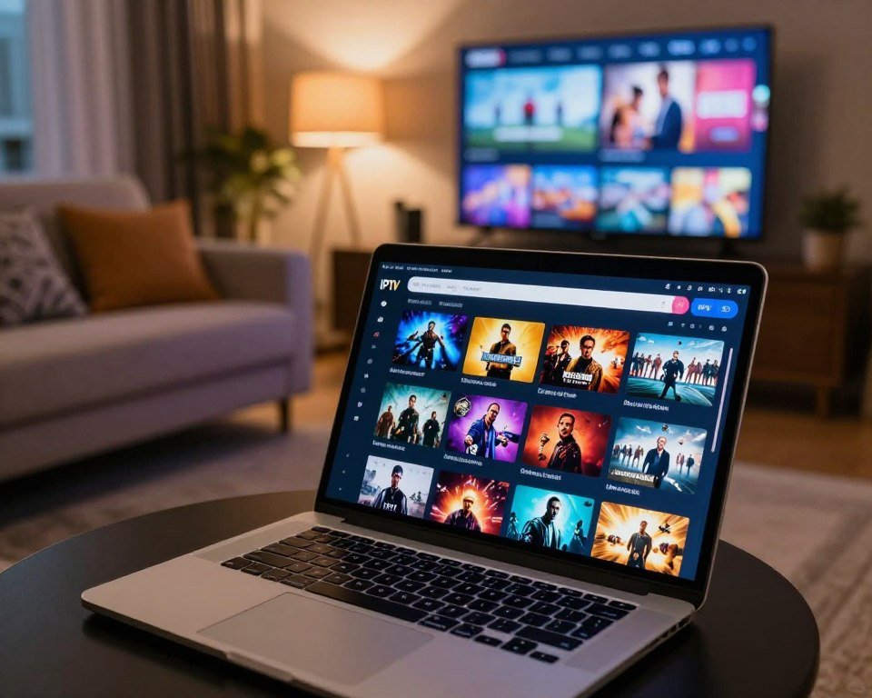 A visually striking scene showcasing a digital catalogue of films, series, and sports available through IPTV services. In the foreground, feature a sleek laptop open with a vibrant user interface displaying colorful thumbnails of various genres, including action, drama, and sports. In the middle ground, include a cozy living room setup with a stylish couch, plush cushions, and a large flat-screen TV showing engaging content. The background features warm ambient lighting, suggesting an inviting atmosphere for entertainment. Use a cinematic angle, with a slight focus on the laptop screen, capturing the essence of modern home entertainment. The mood should be relaxed and entertaining, embodying the richness of content available.